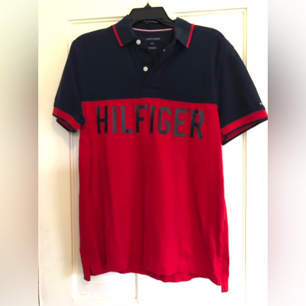 Tommy Hilfiger Navy and Red Block Logo Polo